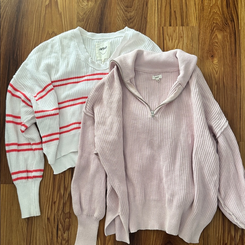 Aerie Soft Pink Ribbed Quarter-Zip Pullover and Aerie striped boxy sweater